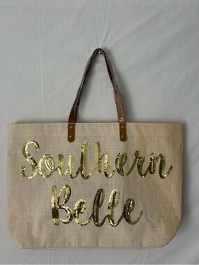 Mud Pie Tote Bag Southern Belle Sequin Canvas Beige NWT (B176)